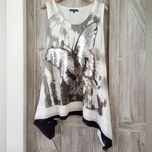 Winter White Butterfly Sequin Tunic Top XL